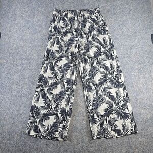 Panama Jack Size M Tropical Fronds Print Wide Leg Linen Blend Pants Black Cream